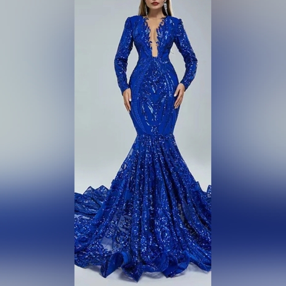 ROYAL BLUE illusion sequin mermaid long sleeve prom pageant dress gown 8
